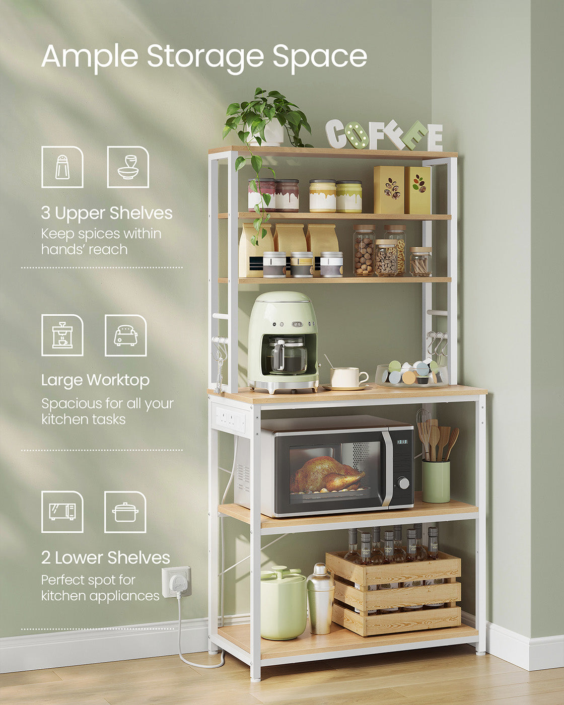 Baker's Rack – Wood and Metal – Rustic Brown and Ink Black – Multi-Tier with Power Outlet and Hooks