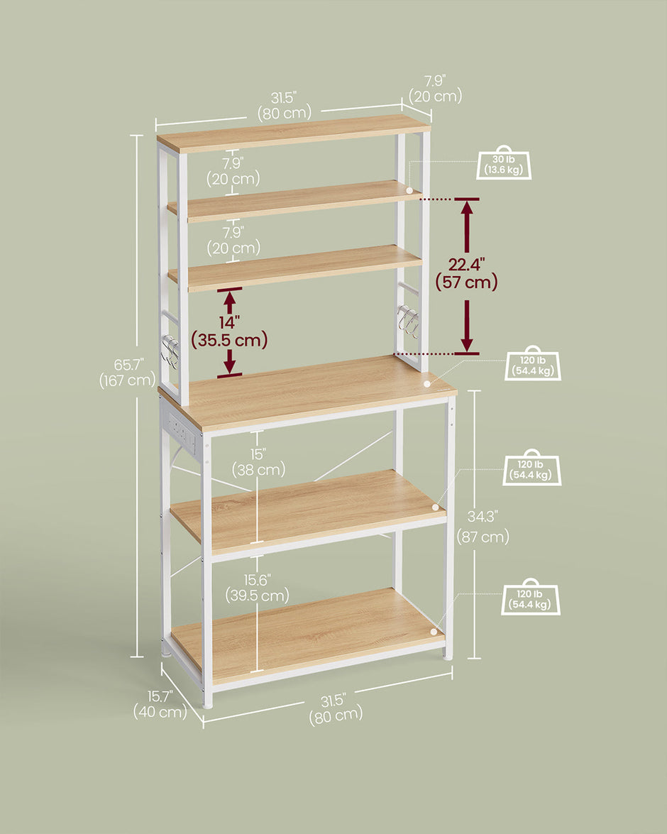 Baker's Rack – Wood and Metal – Rustic Brown and Ink Black – Multi-Tier with Power Outlet and Hooks