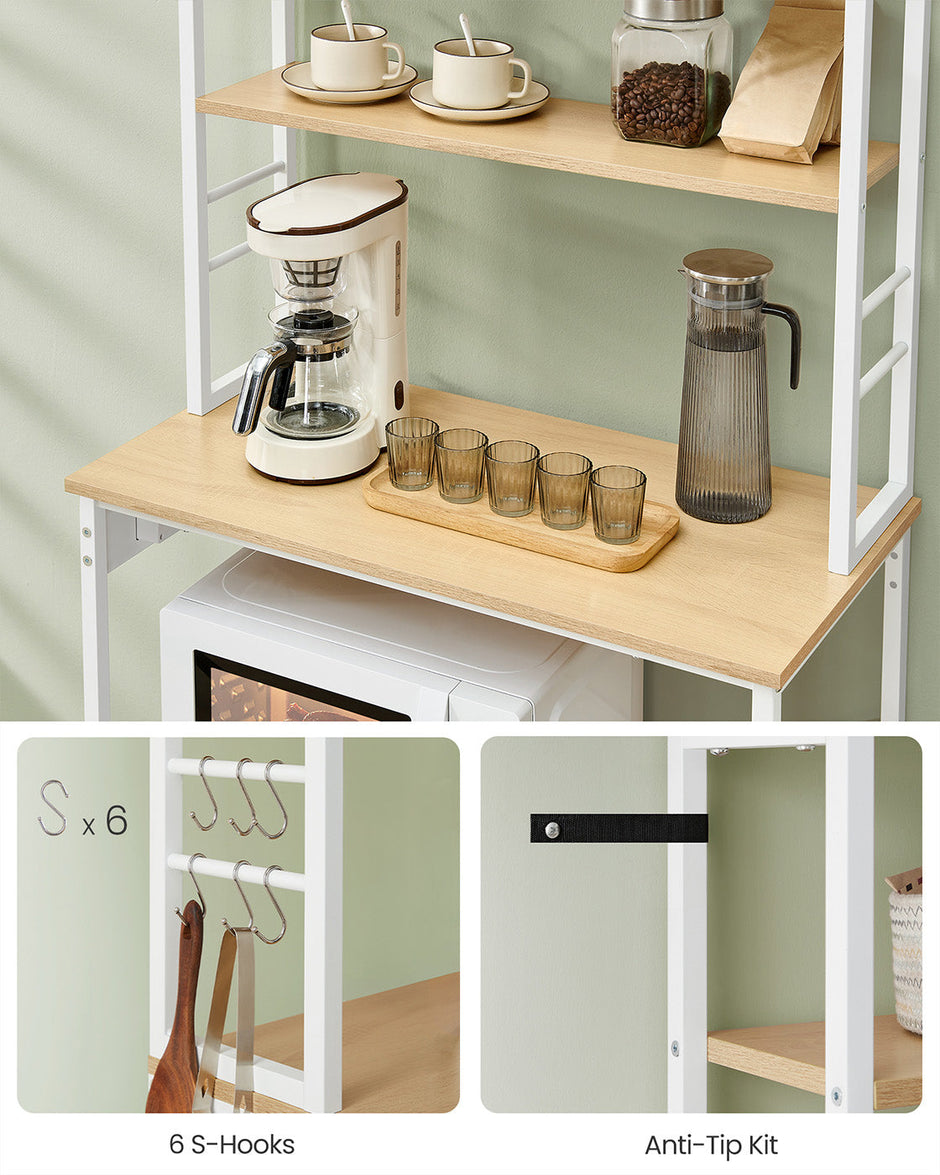 Baker's Rack – Wood and Metal – Rustic Brown and Ink Black – Multi-Tier with Power Outlet and Hooks