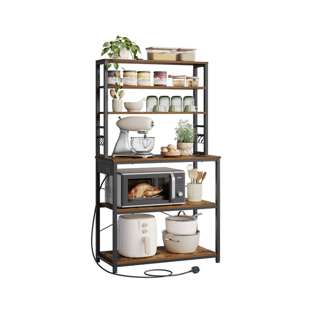 Baker's Rack – Wood and Metal – Rustic Brown and Ink Black – Kitchen Storage with Power Outlet and Hooks