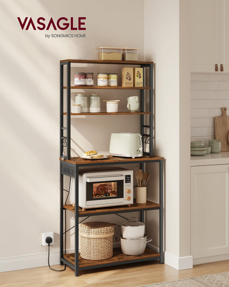 Baker's Rack – Wood and Metal – Rustic Brown and Ink Black – Kitchen Storage with Power Outlet and Hooks