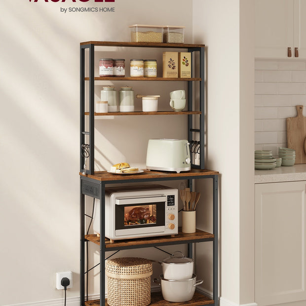 Baker's Rack – Wood and Metal – Rustic Brown and Ink Black – Kitchen Storage with Power Outlet and Hooks
