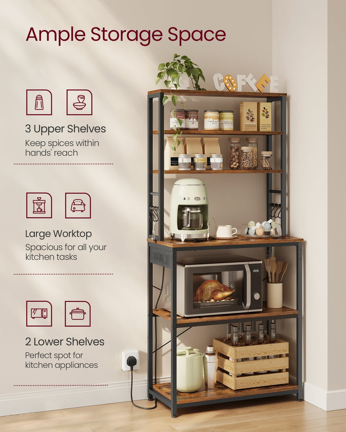 Baker's Rack – Wood and Metal – Rustic Brown and Ink Black – Kitchen Storage with Power Outlet and Hooks
