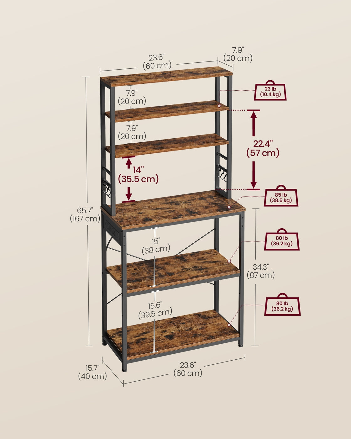 Baker's Rack – Wood and Metal – Rustic Brown and Ink Black – Kitchen Storage with Power Outlet and Hooks