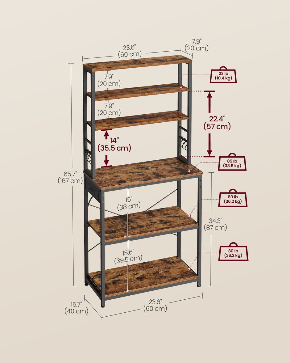 Baker's Rack – Wood and Metal – Rustic Brown and Ink Black – Kitchen Storage with Power Outlet and Hooks