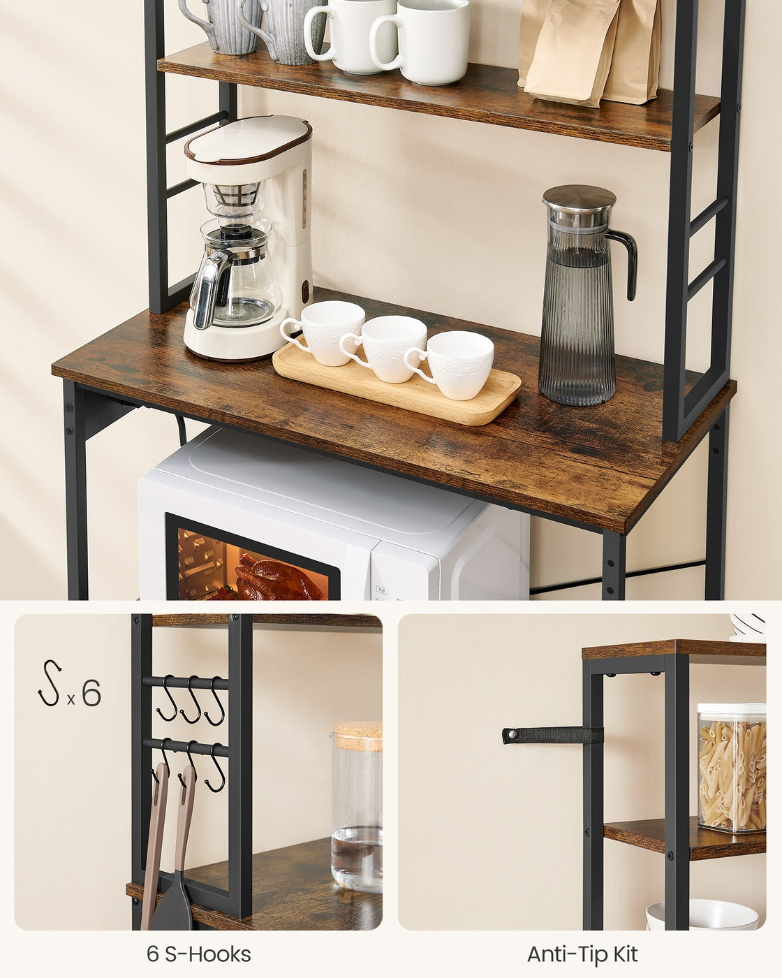 Baker's Rack – Wood and Metal – Rustic Brown and Ink Black – Kitchen Storage with Power Outlet and Hooks