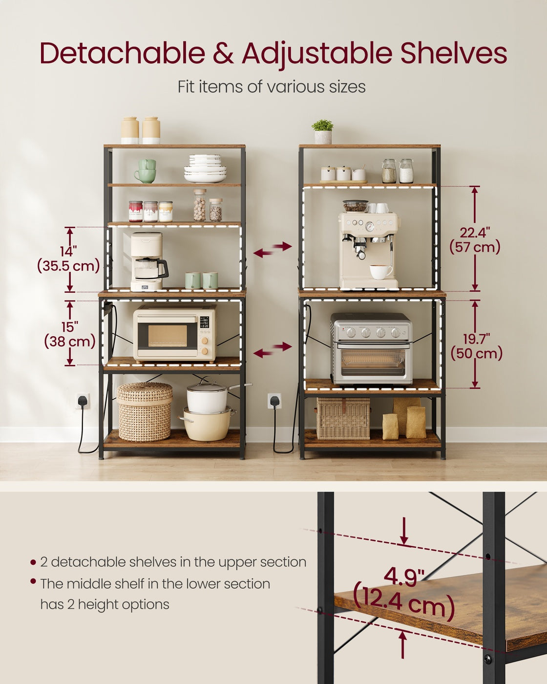 Baker's Rack – Wood and Metal – Rustic Brown and Ink Black – Kitchen Storage with Power Outlet and Hooks