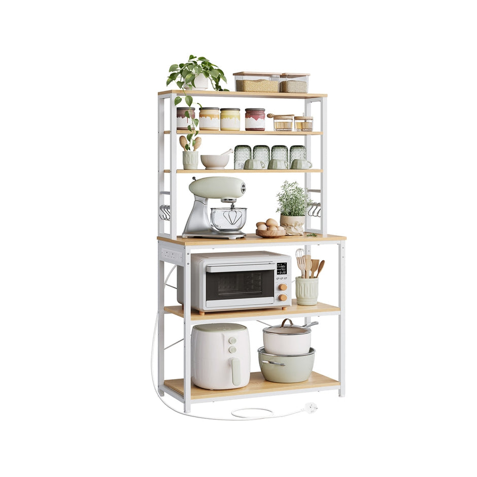 Baker's Rack – Wood and Metal – Rustic Brown and Ink Black – Kitchen Storage with Power Outlet and Hooks
