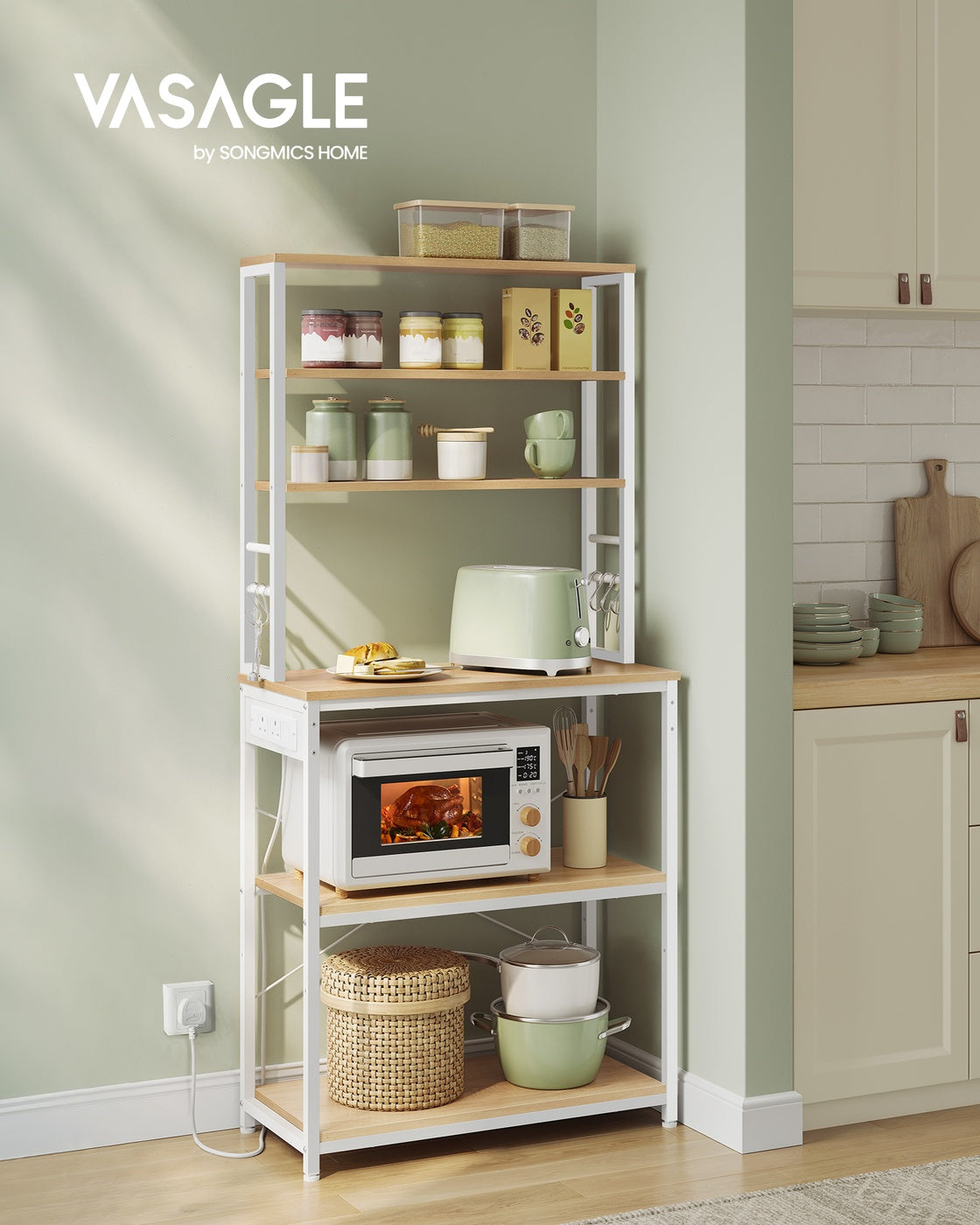 Baker's Rack – Wood and Metal – Rustic Brown and Ink Black – Kitchen Storage with Power Outlet and Hooks