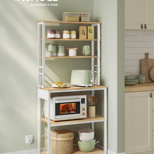 Baker's Rack – Wood and Metal – Rustic Brown and Ink Black – Kitchen Storage with Power Outlet and Hooks