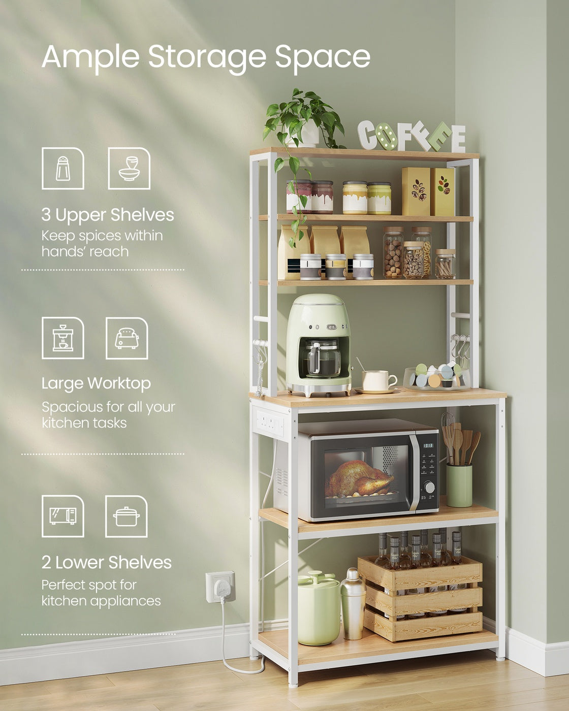 Baker's Rack – Wood and Metal – Rustic Brown and Ink Black – Kitchen Storage with Power Outlet and Hooks