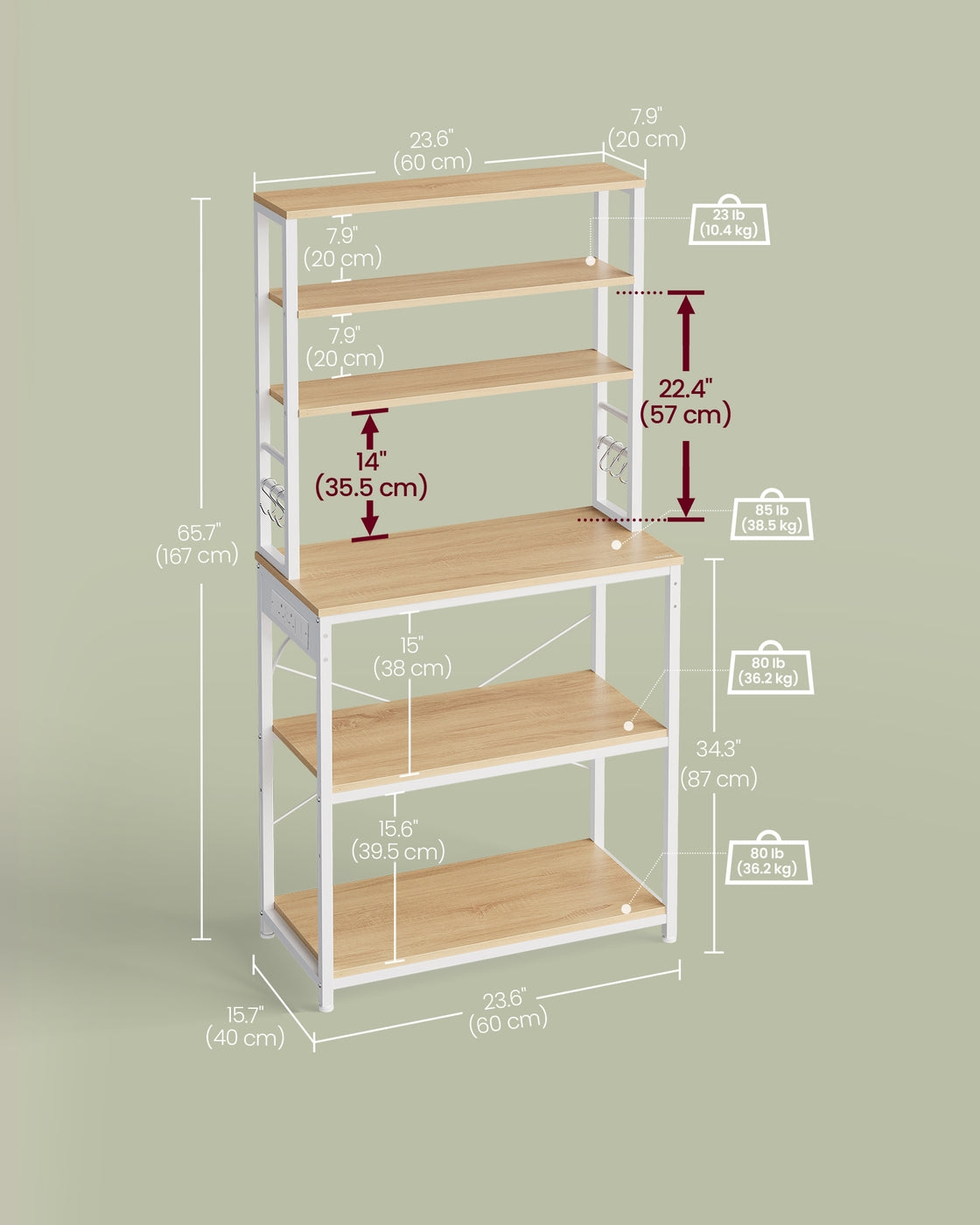 Baker's Rack – Wood and Metal – Rustic Brown and Ink Black – Kitchen Storage with Power Outlet and Hooks