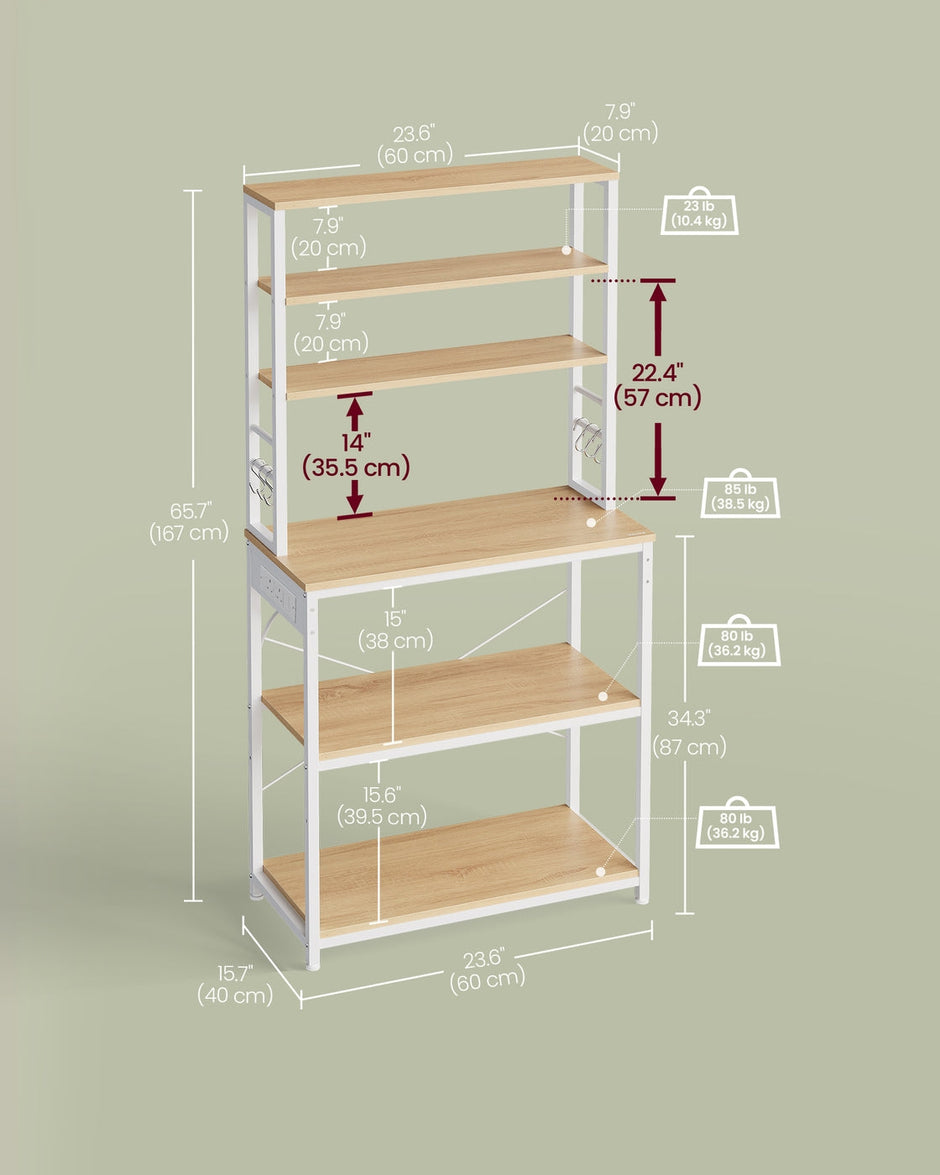 Baker's Rack – Wood and Metal – Rustic Brown and Ink Black – Kitchen Storage with Power Outlet and Hooks
