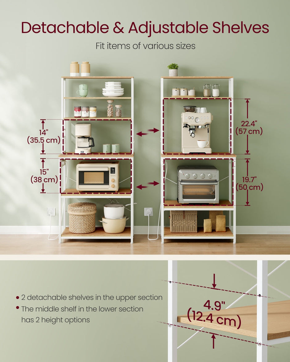 Baker's Rack – Wood and Metal – Rustic Brown and Ink Black – Kitchen Storage with Power Outlet and Hooks