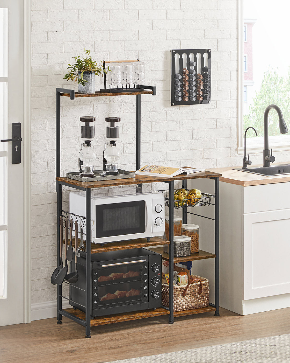 Baker's Rack – Wood and Metal – Rustic Brown – Kitchen Utility Storage with Wire Basket and S-Hooks