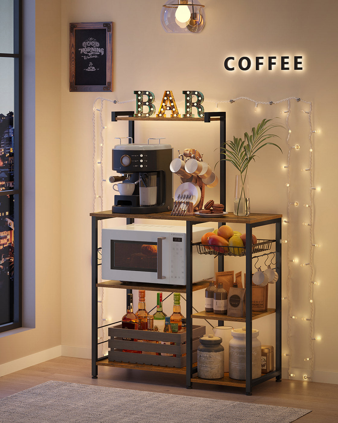 Baker's Rack – Wood and Metal – Rustic Brown – Kitchen Utility Storage with Wire Basket and S-Hooks
