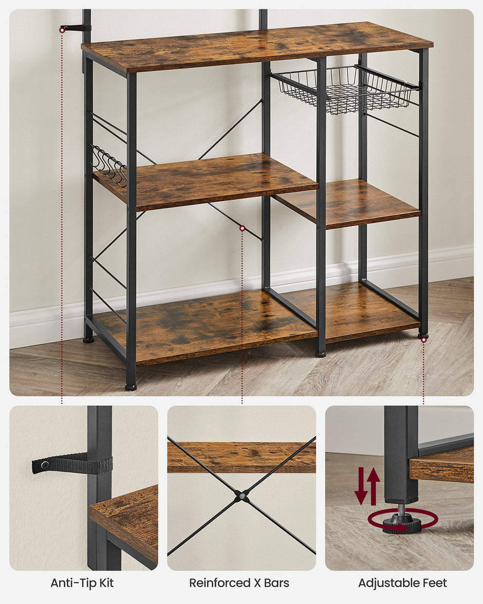 Baker's Rack – Wood and Metal – Rustic Brown – Kitchen Utility Storage with Wire Basket and S-Hooks