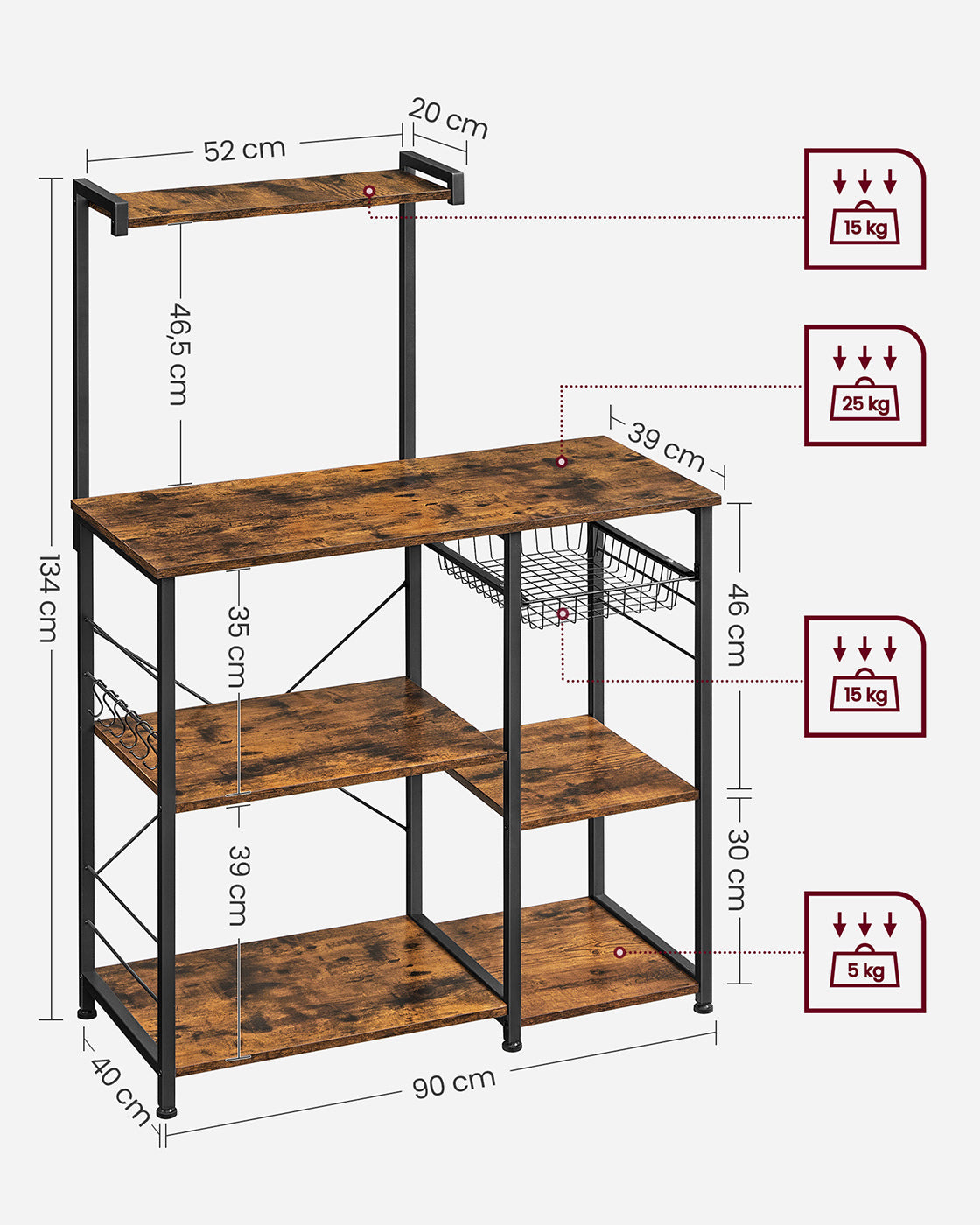 Baker's Rack – Wood and Metal – Rustic Brown – Kitchen Utility Storage with Wire Basket and S-Hooks