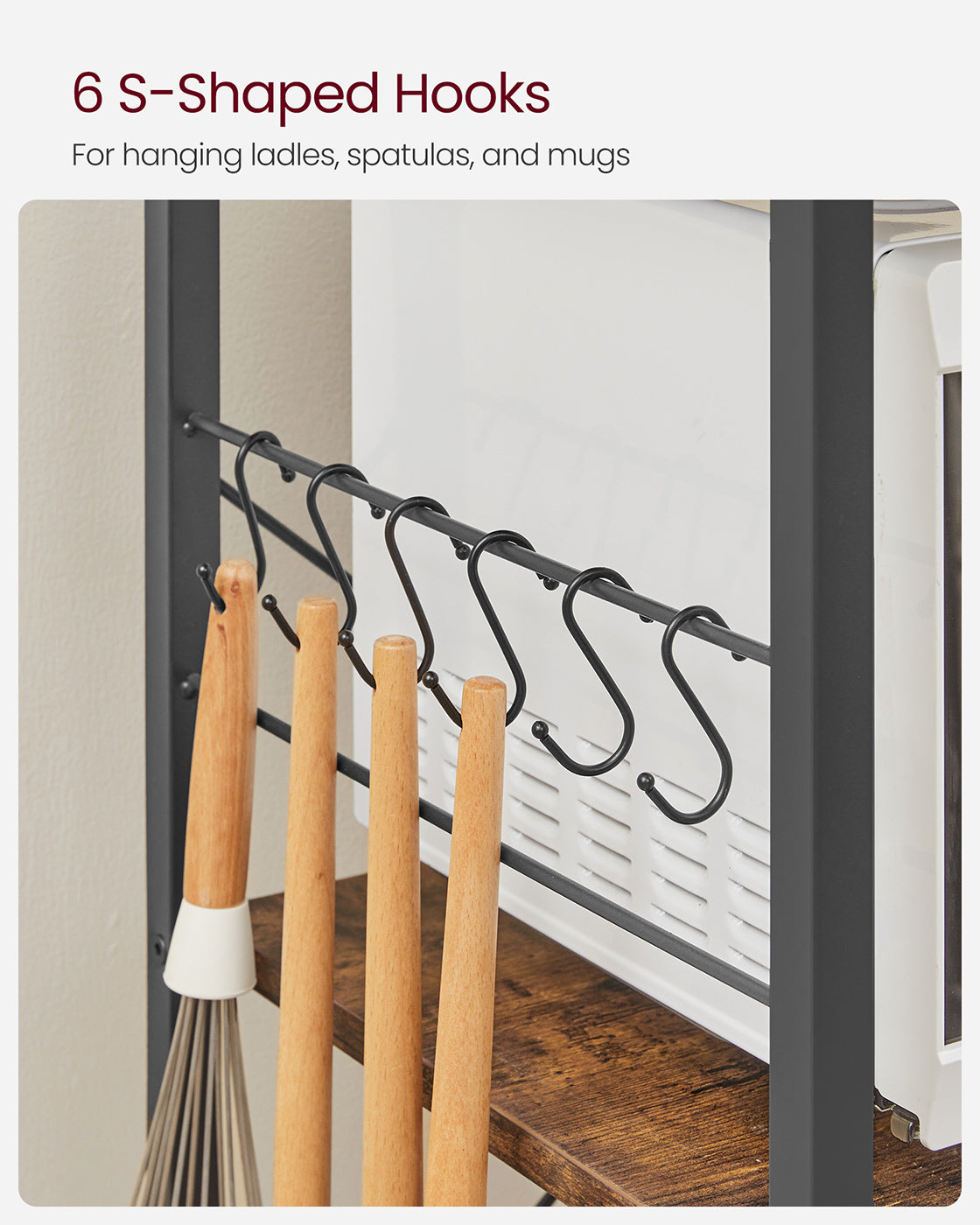 Baker's Rack – Wood and Metal – Rustic Brown – Kitchen Utility Storage with Wire Basket and S-Hooks
