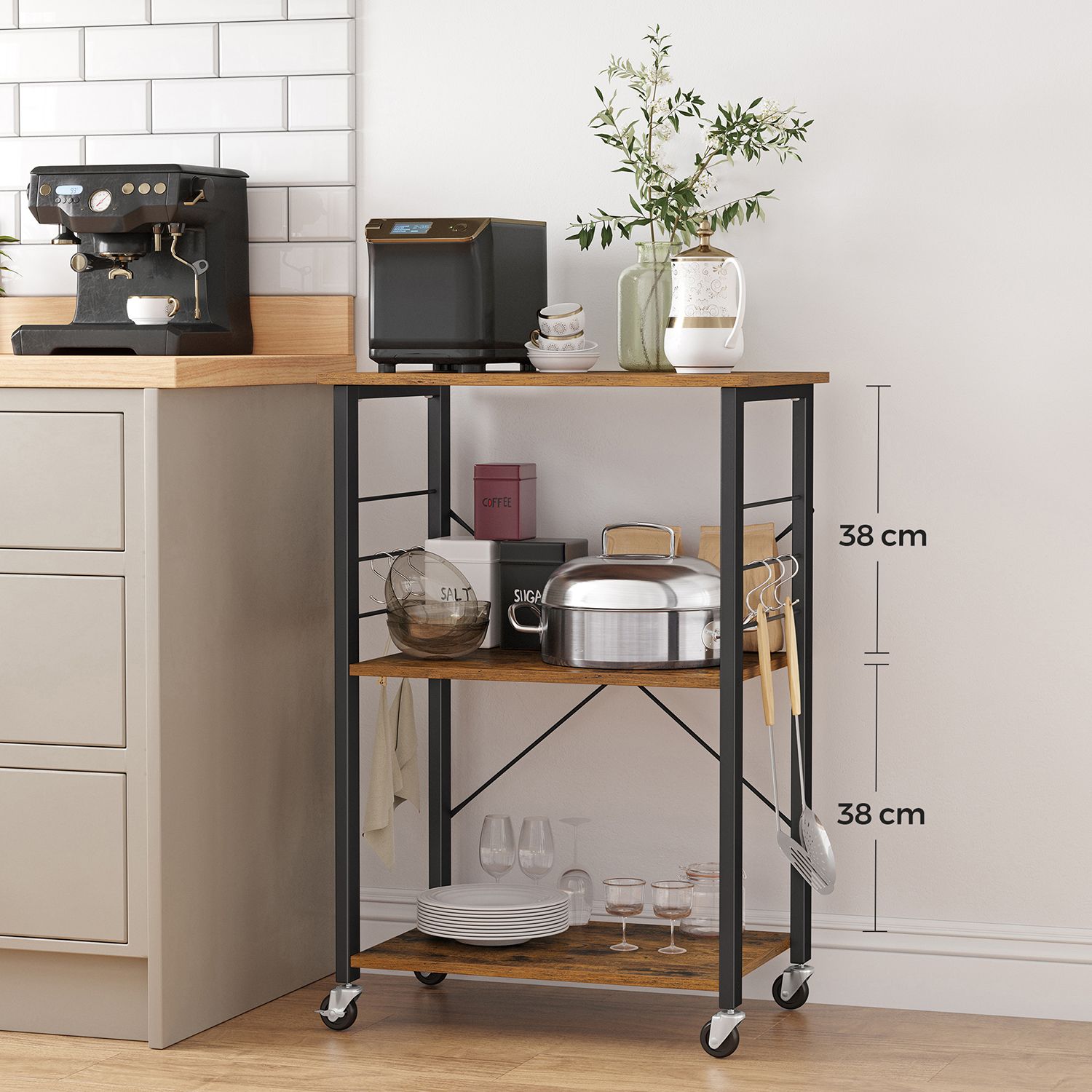 Serving Trolley – Metal – Industrial Design – 3 Shelves with Hooks
