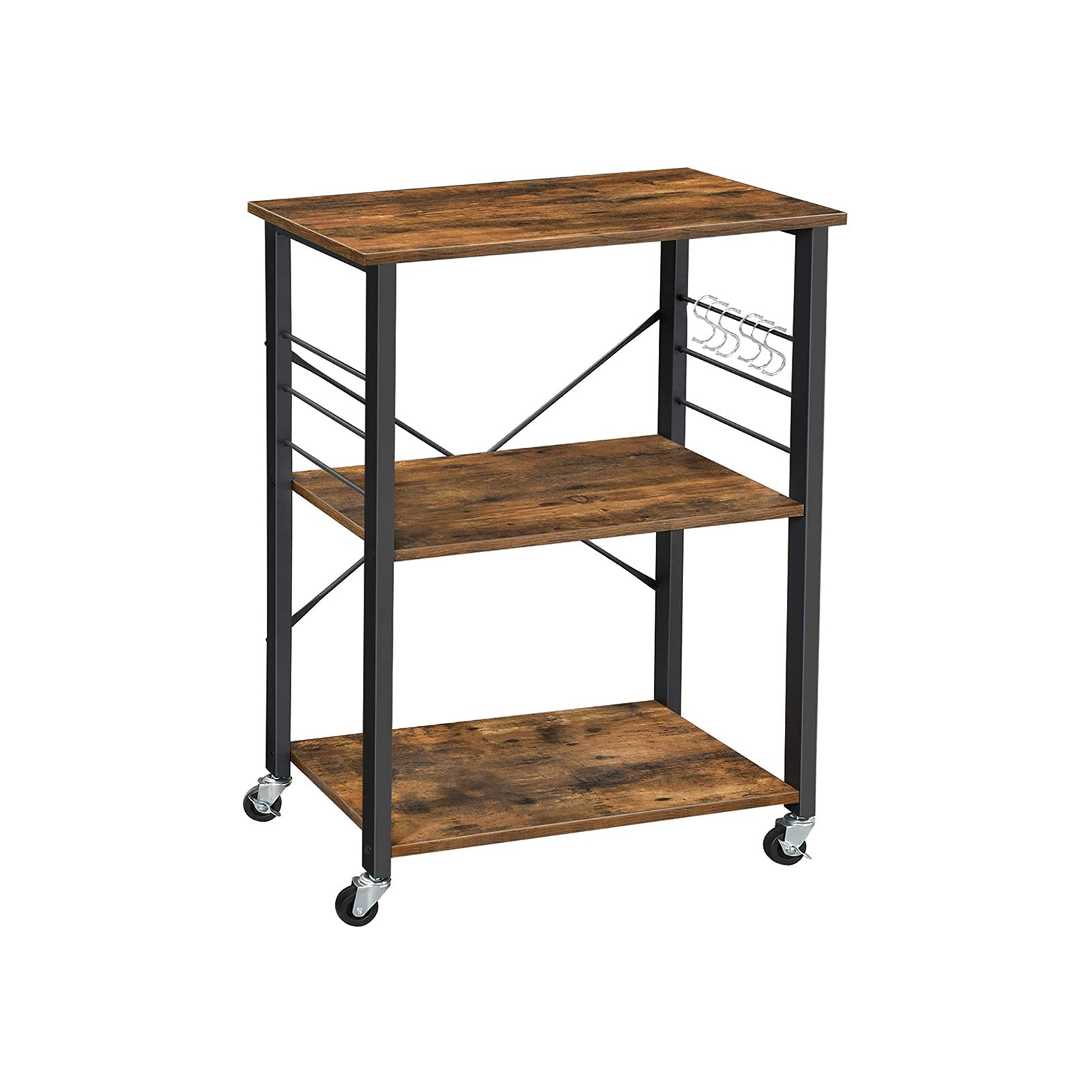 Baker's Rack – Metal – Rustic Brown – Mobile Serving Trolley with 3 Shelves and Hooks