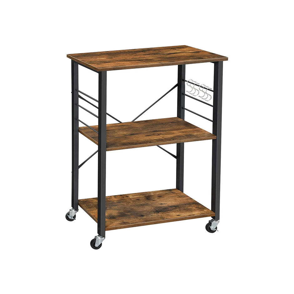 Baker's Rack – Metal – Rustic Brown – Mobile Serving Trolley with 3 Shelves and Hooks