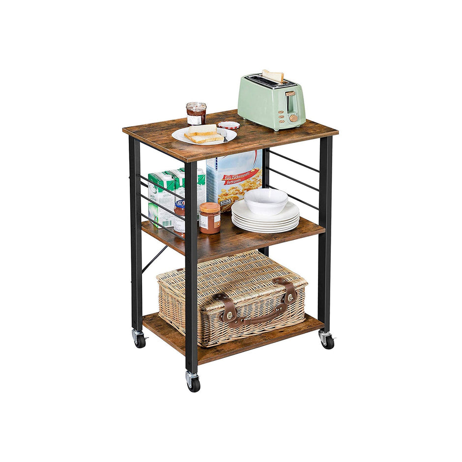 Baker's Rack – Metal – Rustic Brown – Mobile Serving Trolley with 3 Shelves and Hooks