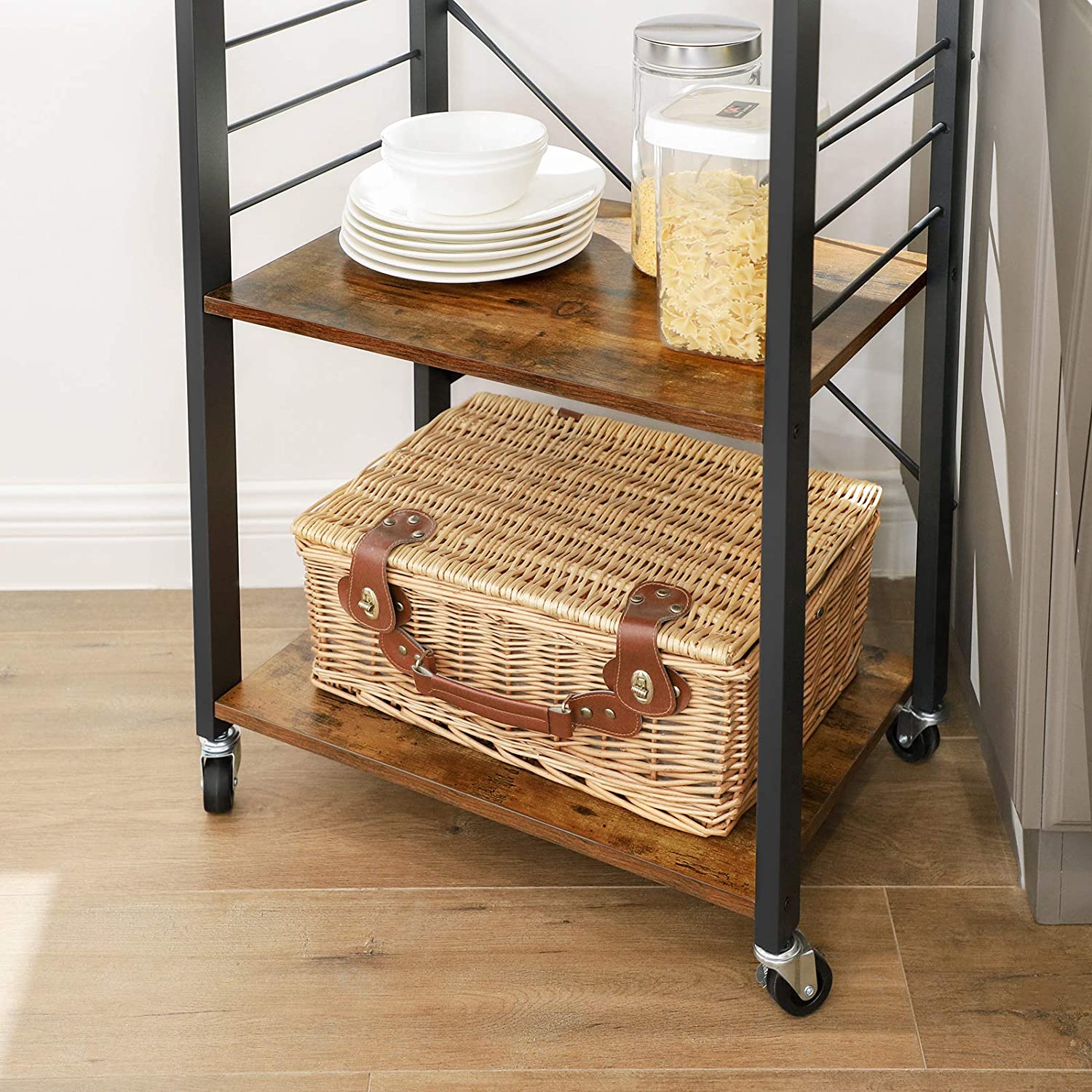 Baker's Rack – Metal – Rustic Brown – Mobile Serving Trolley with 3 Shelves and Hooks