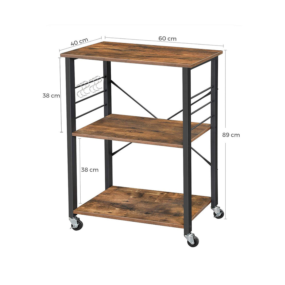 Baker's Rack – Metal – Rustic Brown – Mobile Serving Trolley with 3 Shelves and Hooks