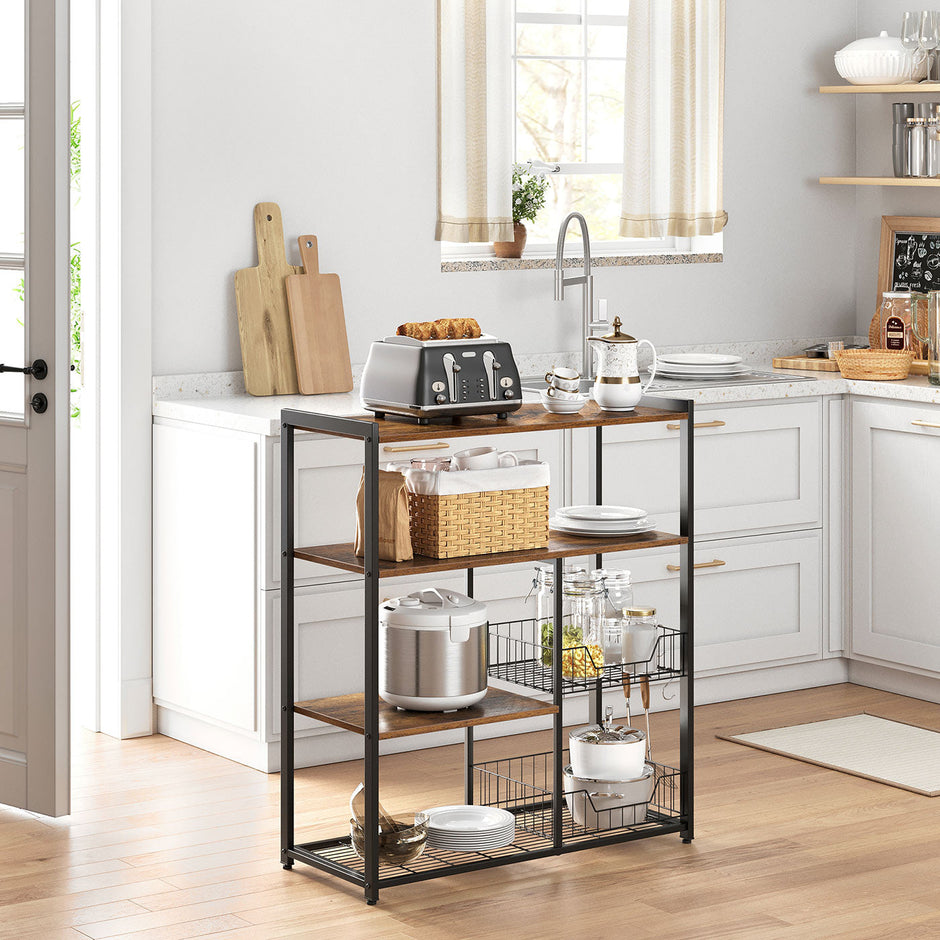 Baker's Rack – Metal – Rustic Brown – Includes 2 Mesh Baskets, Shelves, and Hooks