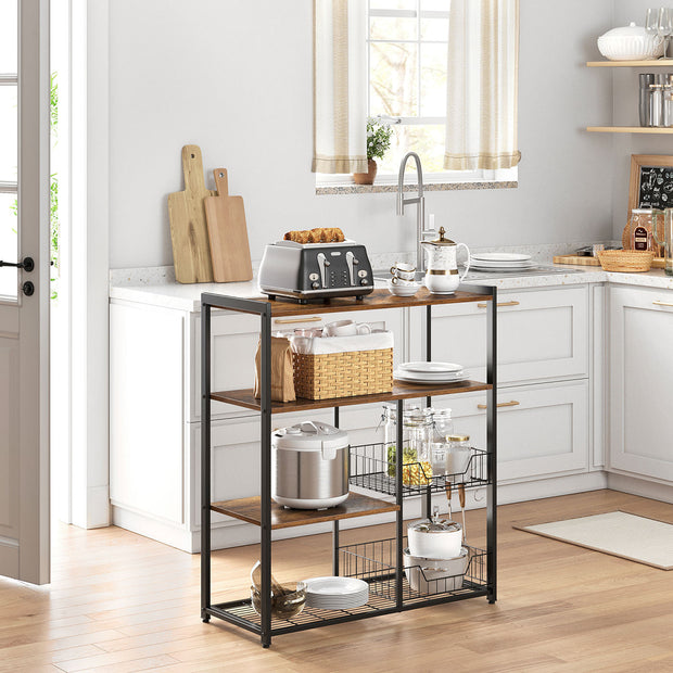 Baker's Rack – Metal – Rustic Brown – Includes 2 Mesh Baskets, Shelves, and Hooks