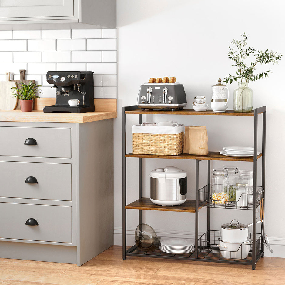 Baker's Rack – Metal – Rustic Brown – Includes 2 Mesh Baskets, Shelves, and Hooks