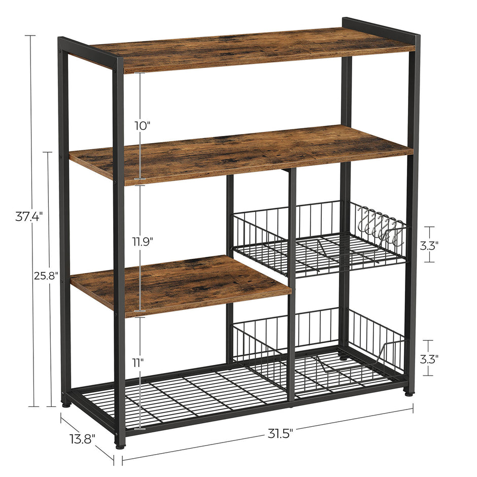 Baker's Rack – Metal – Rustic Brown – Includes 2 Mesh Baskets, Shelves, and Hooks