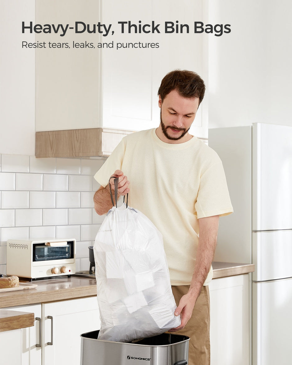 Drawstring Rubbish Bags – Plastic – White – Pre-Separated for 15-20L Kitchen Bins, 40 Pieces per Roll