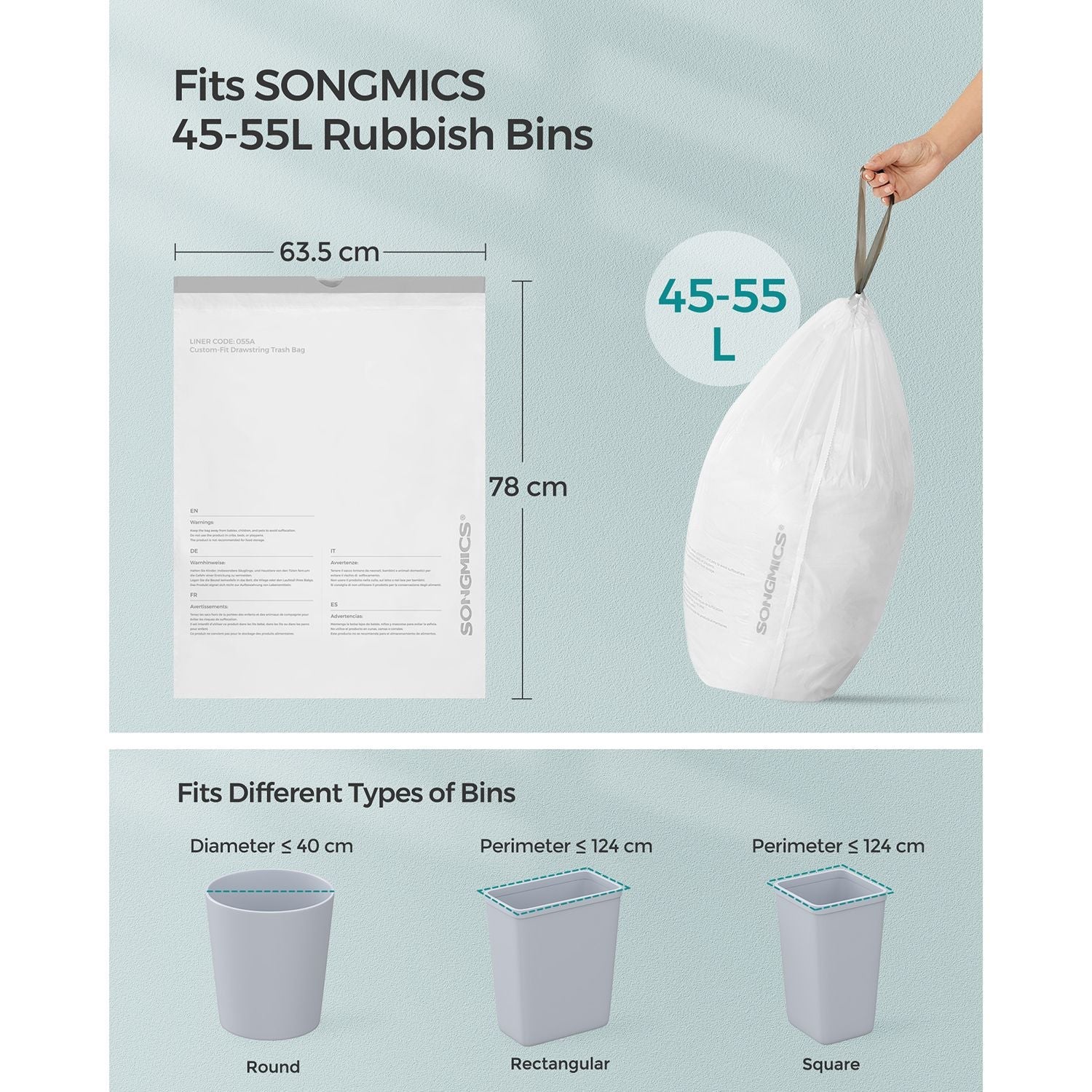 Drawstring Rubbish Bags – Plastic – White – 120 Pieces for 45-55L Bins