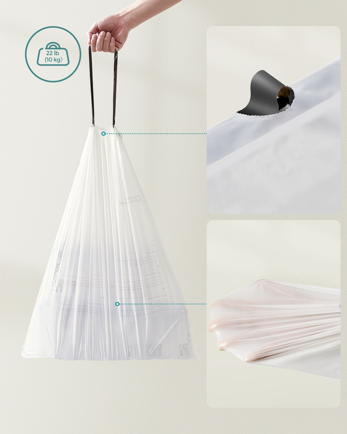 Drawstring Rubbish Bags – Plastic – White – Pre-Separated for 15-20L Kitchen Bins, 40 Pieces per Roll