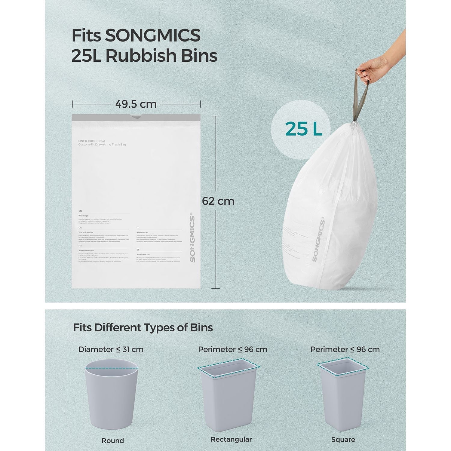 25L Drawstring Rubbish Bags – Plastic – White – 40 Pieces