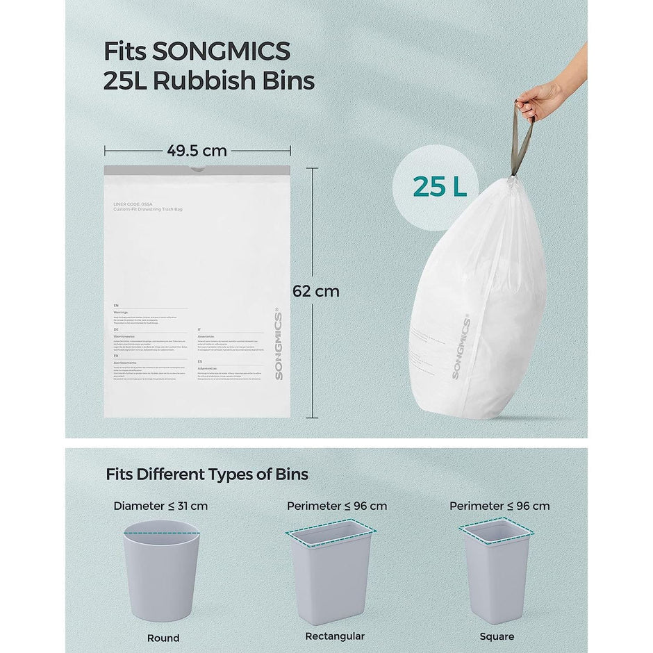 Bin Liners – Plastic – White – Drawstring for 25L Kitchen Bins, 80 Pieces