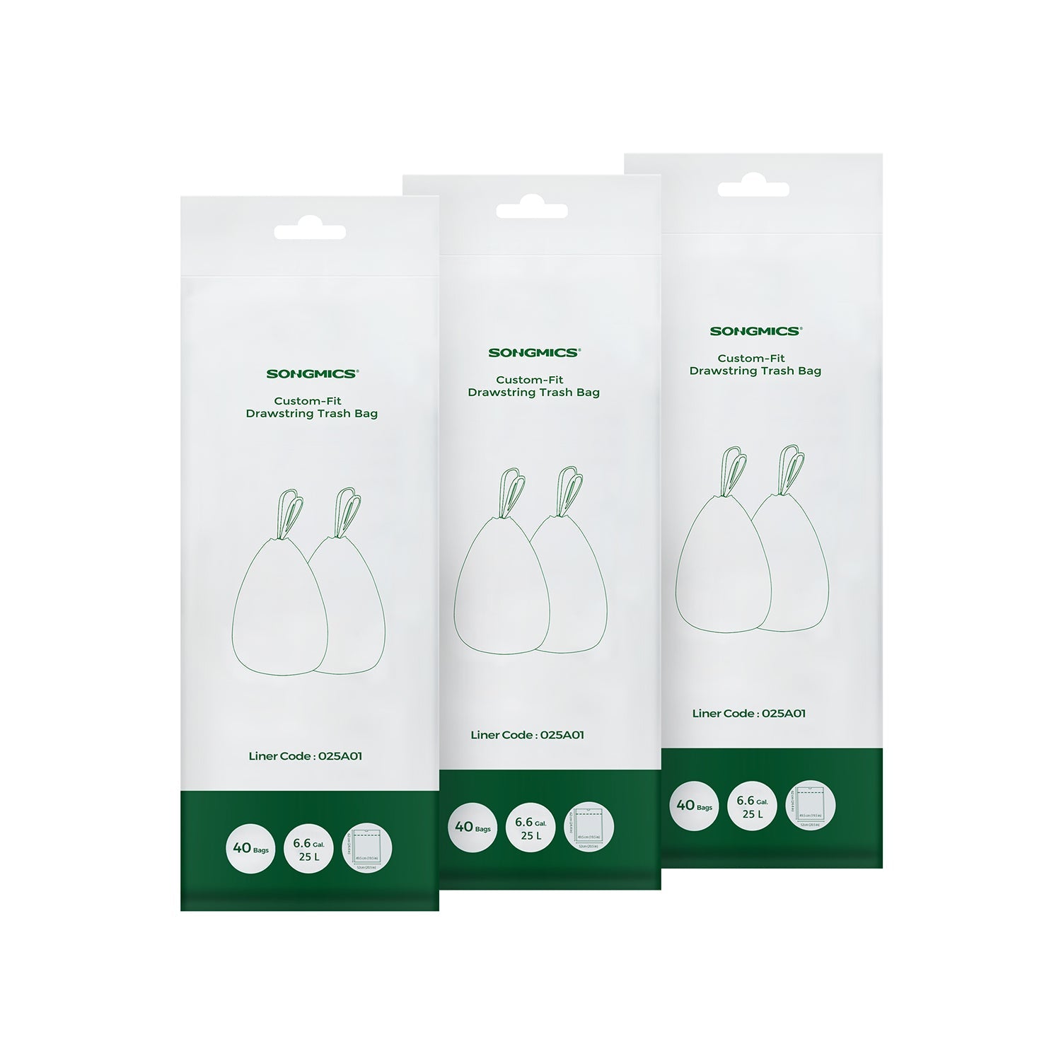 Drawstring Rubbish Bags – Plastic – White – 25L Capacity, 120 Pieces in 3 Rolls