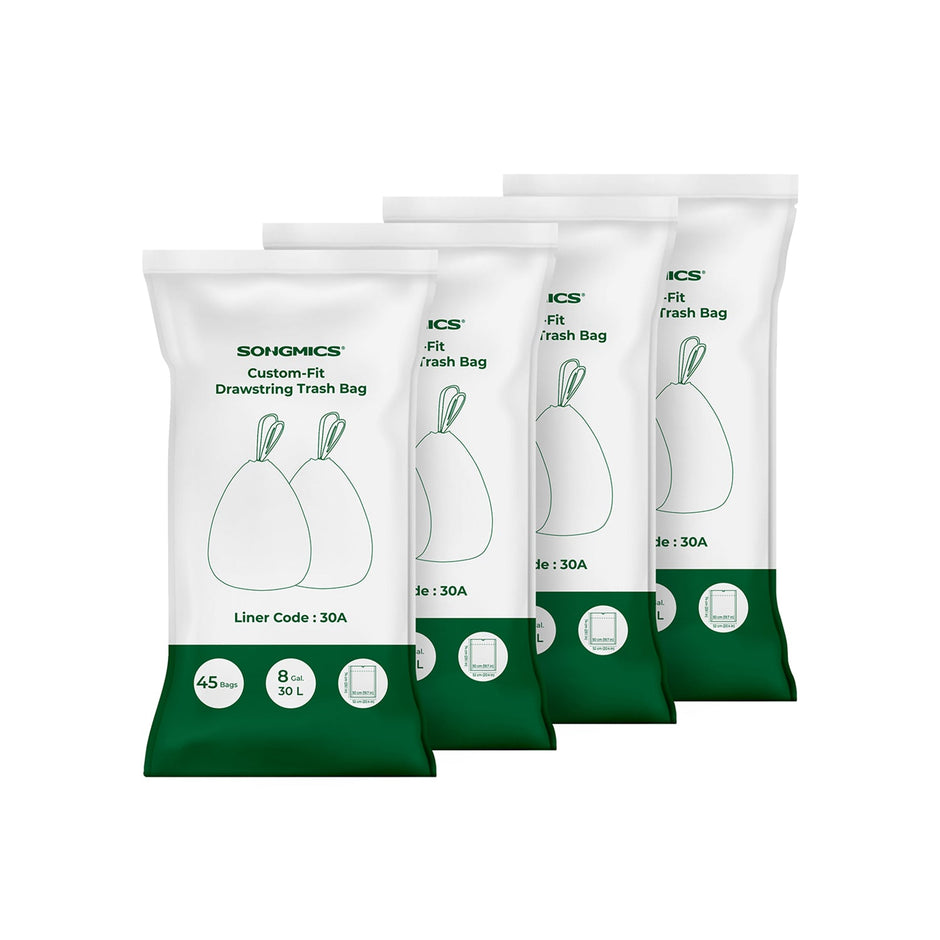 Heavy-Duty Drawstring Bin Bags – Plastic – White – Watertight, 180 Pieces (8-Gallon / 30L)