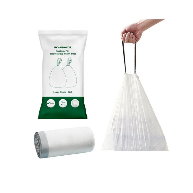 30L Drawstring Bin Liners – Robust Plastic – White – Custom-Fit, 45 Pieces Per Roll