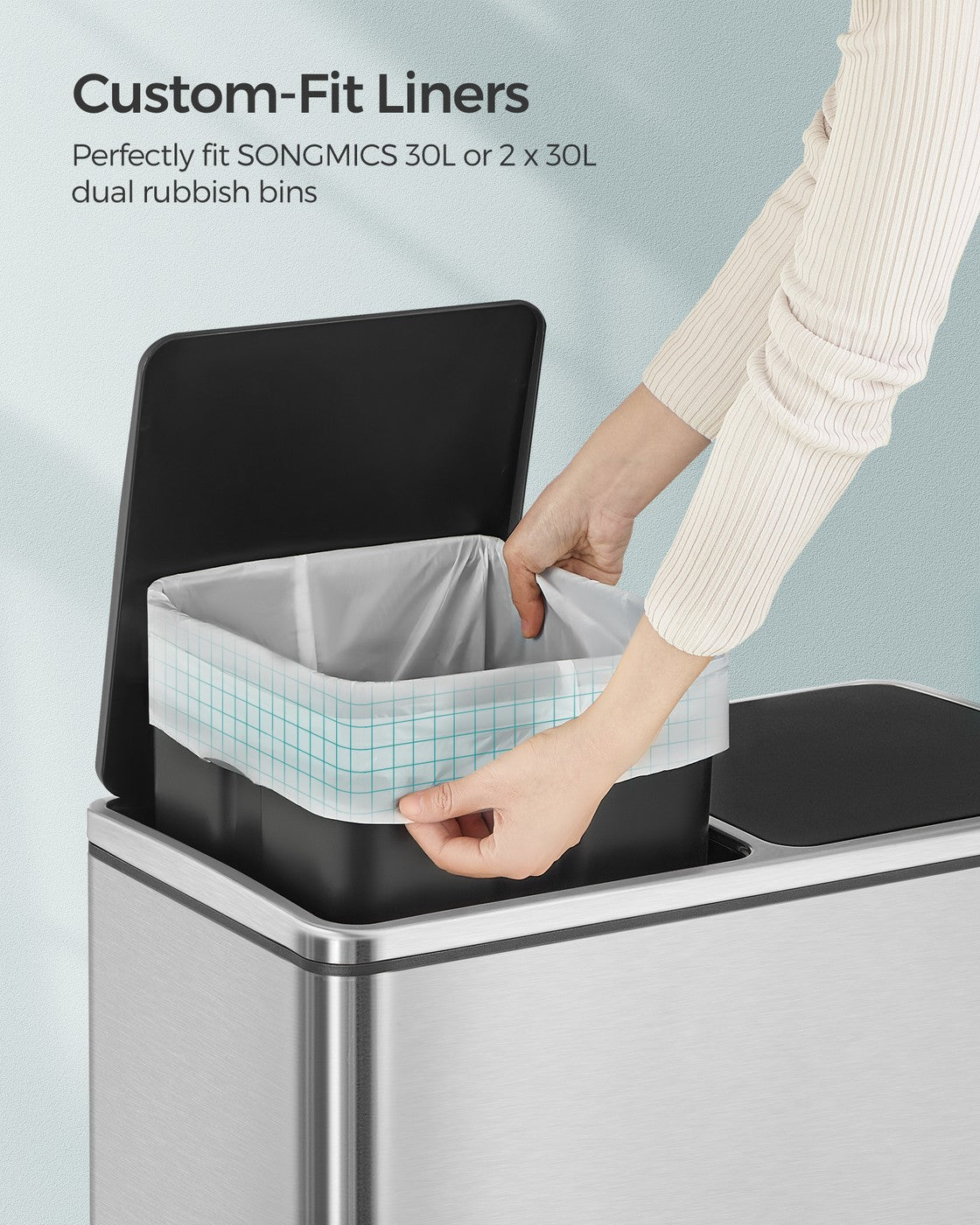 30L Drawstring Bin Liners – Robust Plastic – White – Custom-Fit, 45 Pieces Per Roll