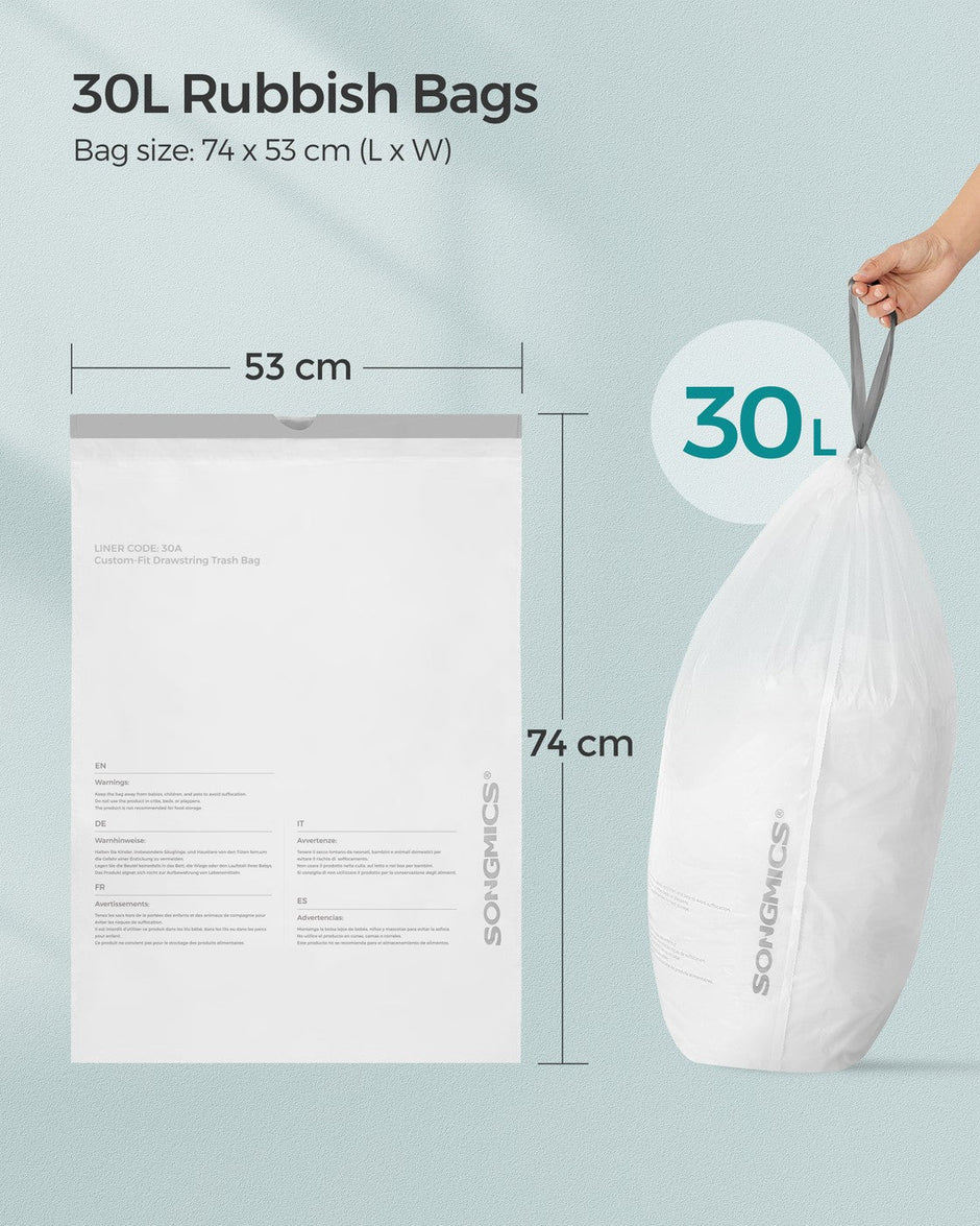 30L Drawstring Bin Liners – Robust Plastic – White – Custom-Fit, 45 Pieces Per Roll