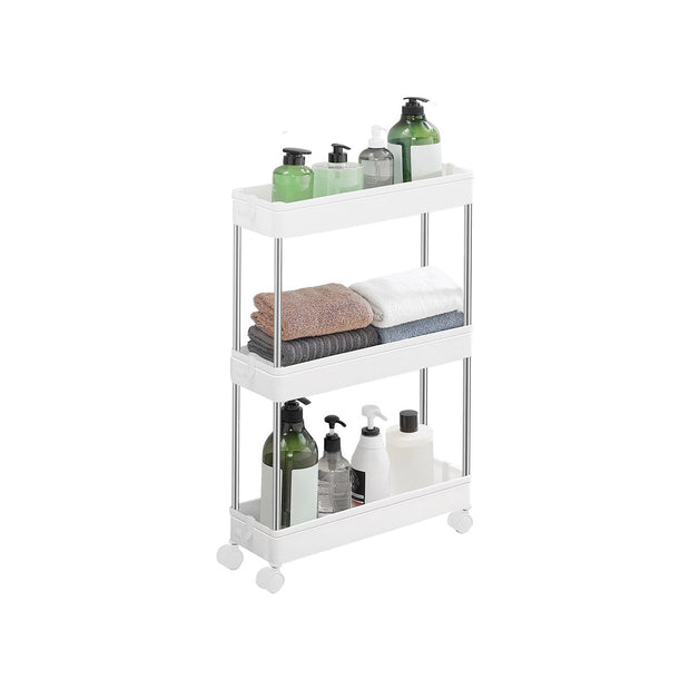 3-Tier Slide-Out Storage Trolley – Metal – White – Slim Rolling Cart with Hollow-Out Design