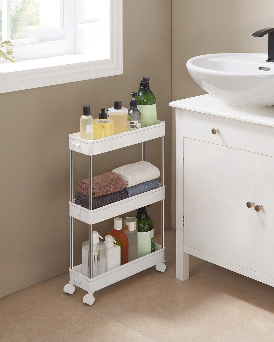 3-Tier Slide-Out Storage Trolley – Metal – White – Slim Rolling Cart with Hollow-Out Design
