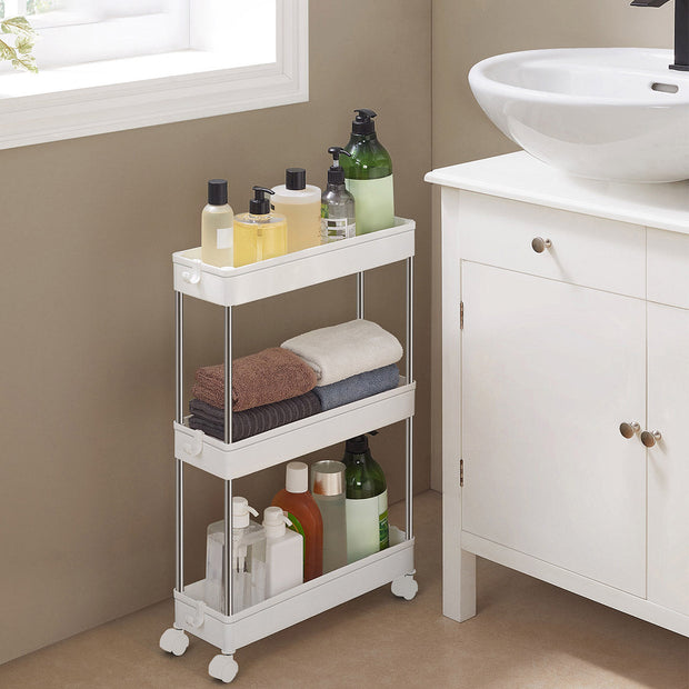 3-Tier Slide-Out Storage Trolley – Metal – White – Slim Rolling Cart with Hollow-Out Design