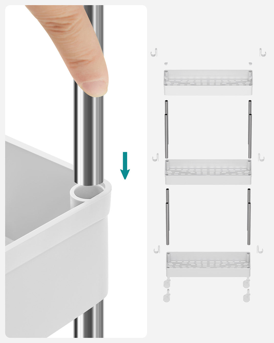 3-Tier Slide-Out Storage Trolley – Metal – White – Slim Rolling Cart with Hollow-Out Design