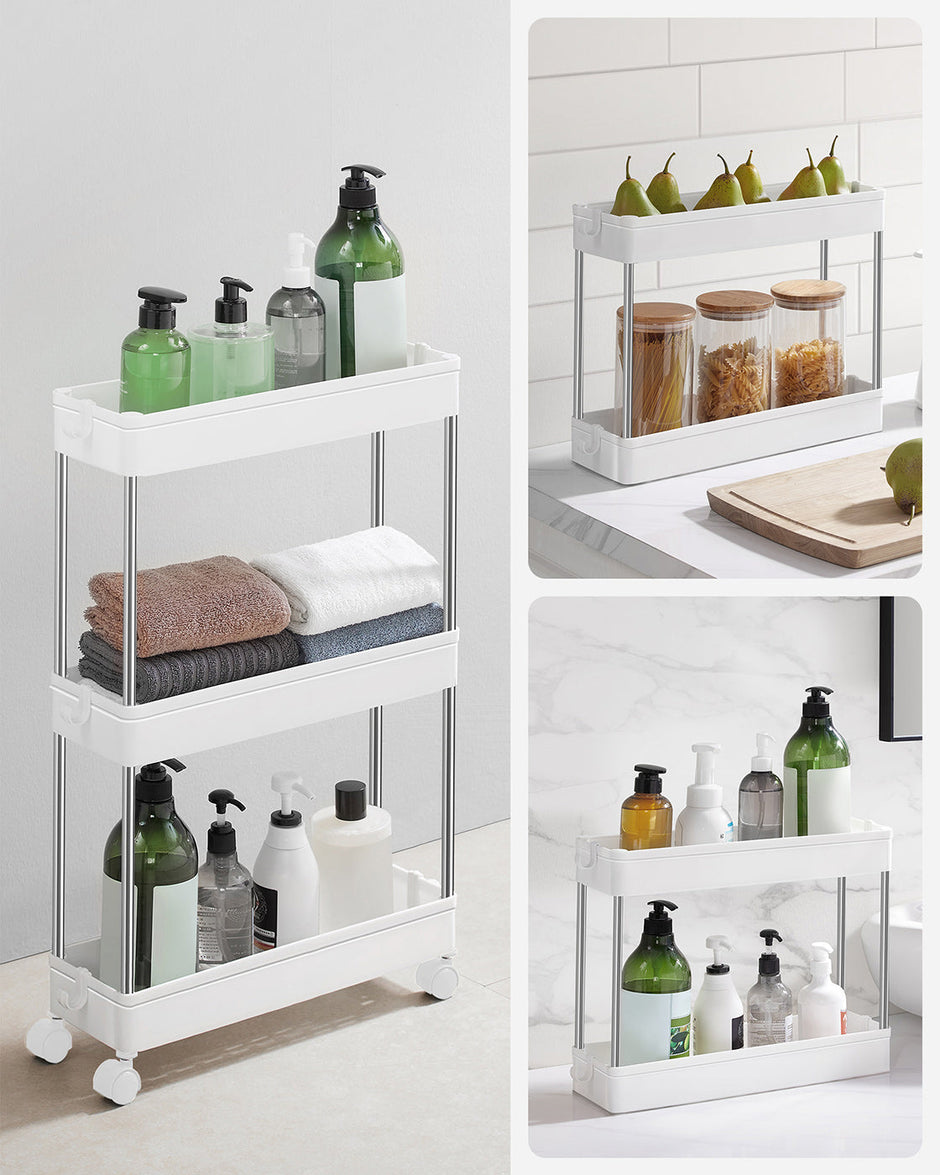 3-Tier Slide-Out Storage Trolley – Metal – White – Slim Rolling Cart with Hollow-Out Design