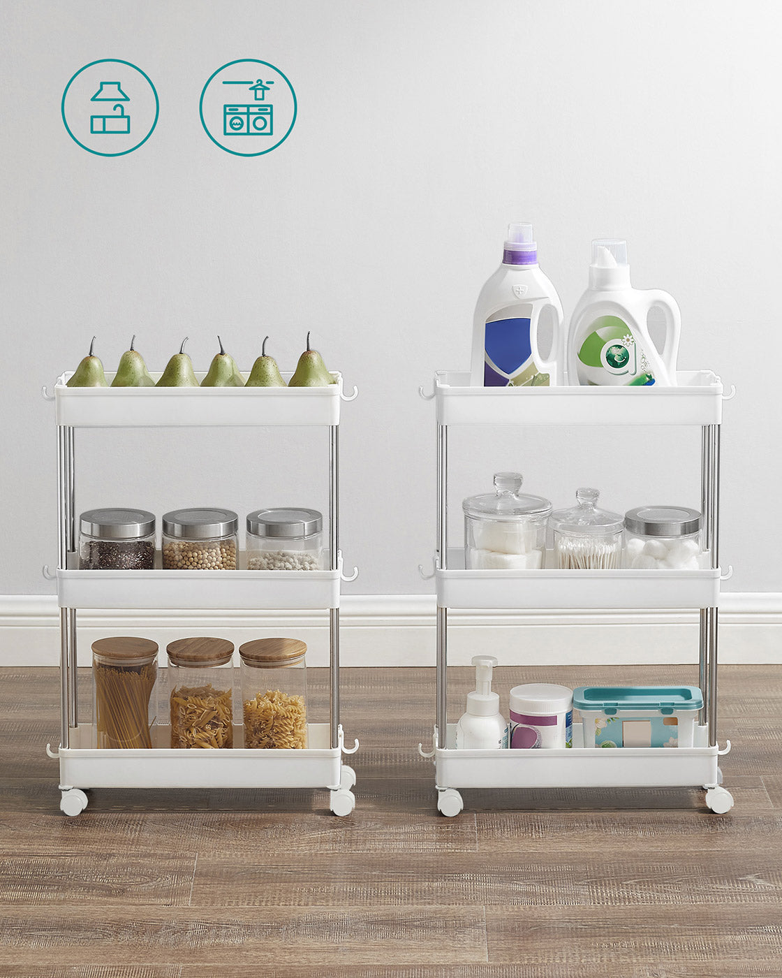 3-Tier Slide-Out Storage Trolley – Metal – White – Slim Rolling Cart with Hollow-Out Design