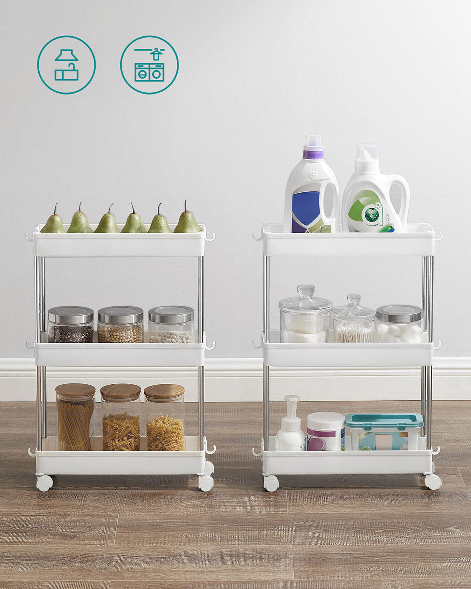 3-Tier Slide-Out Storage Trolley – Metal – White – Slim Rolling Cart with Hollow-Out Design